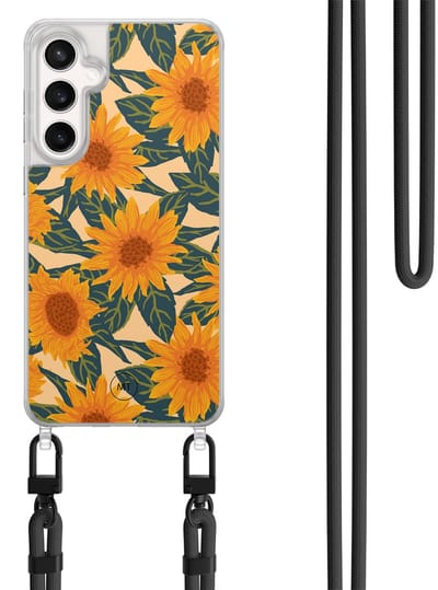 Hoesje met koord geschikt voor Samsung Galaxy S24 FE - Zonnebloemen - Inclusief Zwart koord - Crossbody beschermhoes - Transparant, Oranje - Mooie Telefoonhoesjes