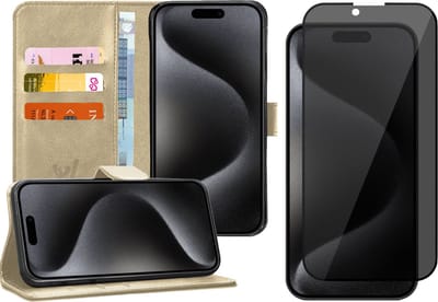 Hoesje geschikt voor iPhone 15 Pro - Privacy Screen Protector FullGuard - Book Case Kunstleer Pasjeshouder Goud & Screenprotector