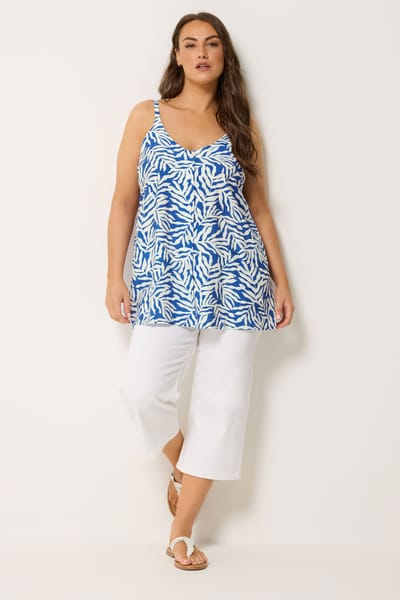 Yours Blauwe Mouwloze Top Met Bladerprint Size 42
