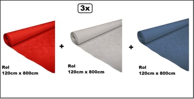3x Tafelrol tafelkleed rood/wit/blauw 120cm x 800cm papier - totaal 24 meter - Party diner food festival eten fun thema feest party Holland Nederland Koningsdag