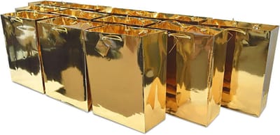 Gouden Geschenkzakken - Feestzakjes Luxe - Feestelijke Vormgeving - Metalen Handgrepen - 10x13x5 Inch - Metallic Goud