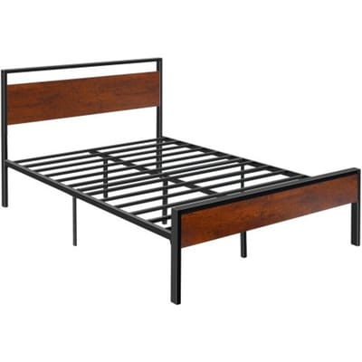 VEVOR Full Size Bedframe, Metalen Platform Bedframe met Retro Bruin Houten Hoofdeinde en Voeteinde, Grote Opbergruimte onder het Bed, Antislip, Geen Boxspring Vereist