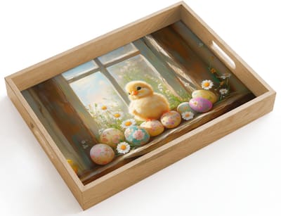 Dienblad hout 40x30 cm - Schootdienblad - Kuiken - Raam - Paaseieren - Borrelplank rechthoek - Plateau dienbladen