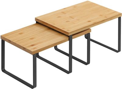 Opbergrek 2-delige set, opbergrek, opslagrek , kastplanken, organiseerrek, stapelbaar kruidenrek,29,7 x 19,5 x 15,5 cm + 29,7 x 18,5 x 13,6 cm, zwart + naturel stevig metalen frame, geschikt voor keuken, kantoor en eetkamer,