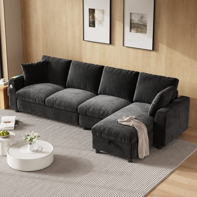 Sweiko L-vormige bank - Chenille stof - Hoekbank - Opbergruimte - Met 2 bekerhouders - USB/Type-C - Donkergrijs