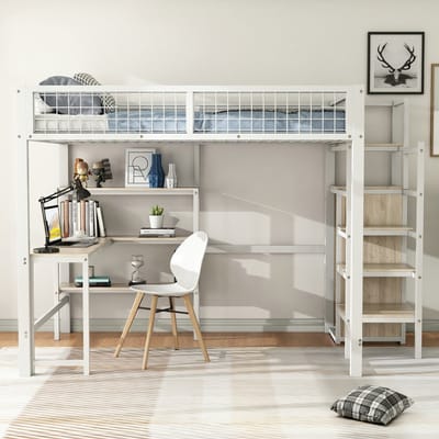 VVBV Ruimtebesparende Hoogslaper 140x200 cm met Kledingkast, Planken - Trap/Ladder, Bureau - Metaal Wit - Zonder Matras