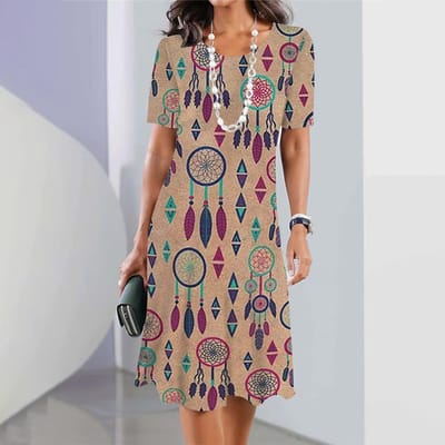 Dromenvanger 3D Print Jurken Voor Dames Elegante Jurken Zomerse Dames Jurk met Korte Mouwen Modieuze Oversized Kleding 6XL beige