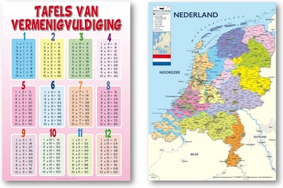 Nederland kaart en Tafels van vermenigvuldiging poster - Set van twee posters - Educatief - Roze tafel poster - Formaat 50 x 70 cm