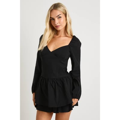 boohoo Dames Ruche lange mouwen melkmeisje mini-jurk | Black | Maat: 8