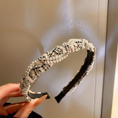 Hoofdband met Parels voor Dames Textuur Retro Hoofdbanden Temperament Mode Luxe Designer Haaraccessoires 2023 Nieuw Binnen abrikoos