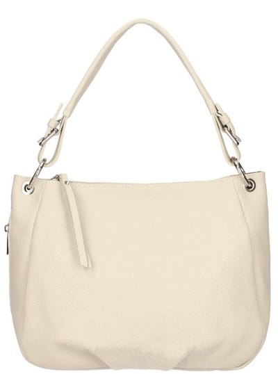 Beige Leren Schoudertas Olivia - Zacht Leren Schoudertassen - Zilver Beslag - Zijvak & achtervak met Rits - Dames Tassen - Beige