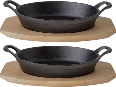 Cosy & Trendy Ovenschaal - 2x stuks - gratinschaal - gietijzer - op houten plank - 30x17x5 cm - Serveerschaal