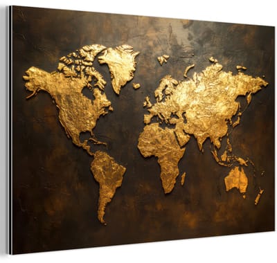 Aluminium schilderij 180x120 cm - Wanddecoratie metaal - Wereldkaart - Goud - Roest - Metalen muurdecoratie woonkamer - Decoratie industrieel - Foto op dibond - Industriële accessoires slaapkamer
