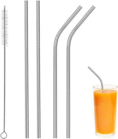 Herbruikbaar roestvrijstalen rietje, 4 stuks (2 recht + 2 gebogen), 22 cm om te drinken met 1 borstel, voor cocktail, melk, smoothie, ijskoffie