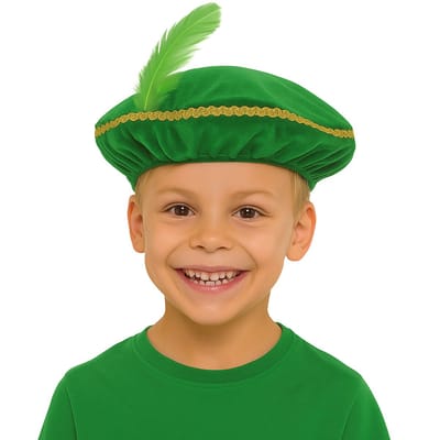 Pietenmuts Kind – Groen met Veer – Fluweellook Pieten Baret met Gouden Rand – Sinterklaas Verkleedaccessoire