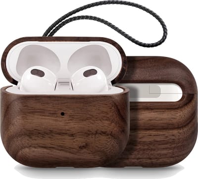 AirPods 3 Hoesje – Luxe Walnoot Hout – Handgemaakt – 360° Bescherming – Inclusief Leren Draagriem – Uniek & Premium Design