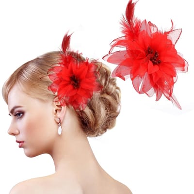 Dailygoods- Haarclip 2 Stuks - Bloem Gevederd - Vintage Fascinator - Jaren 20 Hoofddeksel - Rood - Natuurlijke Kalkoenveren