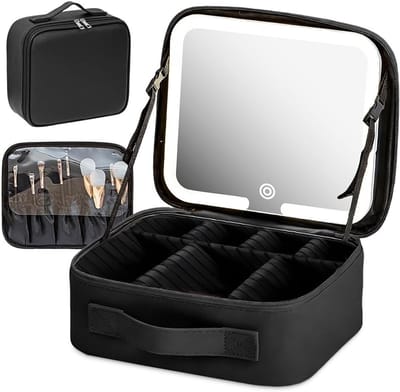 Reis Make-up Tas met Spiegel en Verlichting, Verlichte Cosmetica Organizer, Draagbare Sieraden Box met Compartimenten, Zwart, Perfect voor Reizen en Dagelijks Gebruik