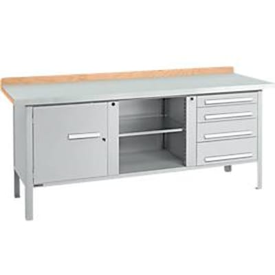 Box-type werkbank Schäfer Shop Select PW 200-1, beuken multiplex blad, met stalen afdekking, tot 750 kg, B 2000 x D 700 x H 840 mm, blank aluminium
