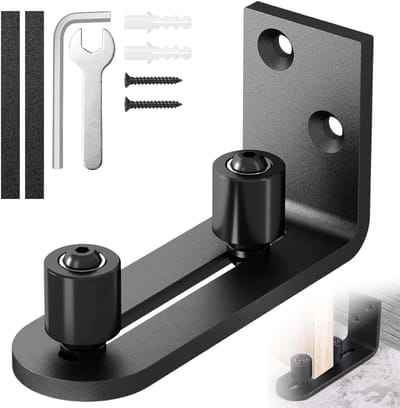 Verstelbare schuifdeur vloergeleider met accessoires, universele stalen deurrails, inbouw bodemgeleiders voor eenvoudige installatie en wandbevestiging van rollergeleiders.