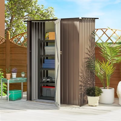 MEUNIQ metalen schuur 142 x 84 x 189 cm met schuin dak en afsluitbare deur, bruine tuinberging voor gereedschap, uitrusting en fietsen
