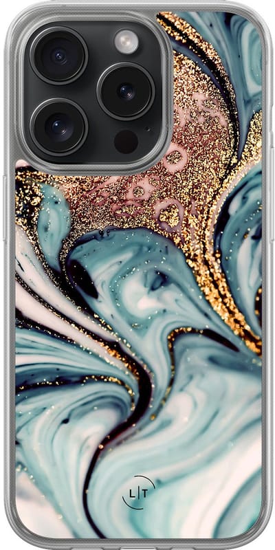 Hoesje geschikt voor iPhone 15 Pro - Marmer blauw goud - 2in1 backcover - Marmer - Blauw - Leuke Telefoonhoesjes