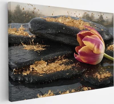 Saammp Canvas Schilderij - Tulp op Steen - Rust - Abstract - 30x20 - Foto op canvas - Wanddecoratie - Muurdecoratie Woonkamer - Kantoor Decoratie
