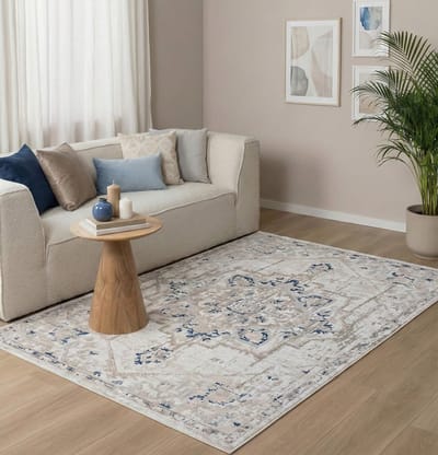 Flycarpets Ancora Vintage vloerkleed - Creme / Blauw - Laagpolig Tapijt Woonkamer - 120x170 cm