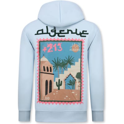 Oversized Hoodie Heren met Capuchon - Trui Heren Algerie Print - Dik Geweven Sweater Heren - 5816- Licht Blauw