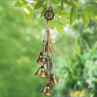 Dailygoods- Heksenklokken 33 cm - Windgong voor Buiten - Hangend met 5 Belletjes - Mysterieus Ontwerp - Spirituele Elementen - Linnen Touw en Metaal