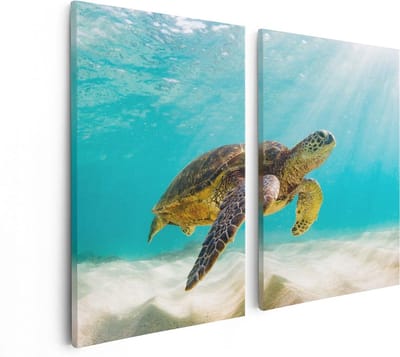 Artaza Canvas Schilderij Tweeluik Schildpad Zwemt in de Helder Blauwe Zee - 80x60 - Foto Op Canvas - Canvas Print