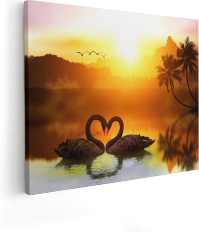 Artaza Canvas Schilderij Zonsondergang Zee - 50x40 cm - Wanddecoratie Palmboom - Muurdecoratie Zwanen - Schilderijen Op Canvas Strand
