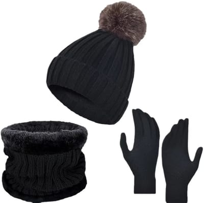 3-Delige Winterset Kind – Gebreide Muts met Grote Haarbal, Warme Sjaal en Handschoenen | Winteraccessoires voor Meisjes en Jongens | Kindermuts, Wintersjaal, Kinderhandschoenen