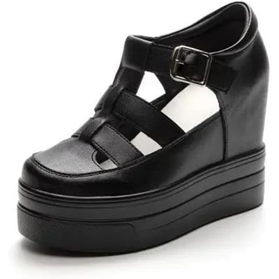 11cm Hoogteverhogende Casual Damesschoenen Echt Leer Neuskap Buitensandalen Romeinse Stijl Holle Dikzool Damesschoenen 40