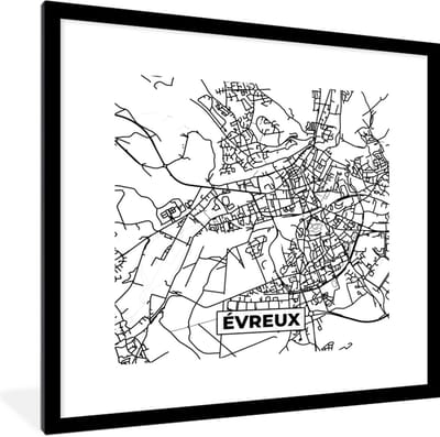 Fotolijst incl. Poster Zwart Wit- Stadskaart - Frankrijk - Évreux - Kaart - Plattegrond - Zwart wit - 40x40 cm - Posterlijst