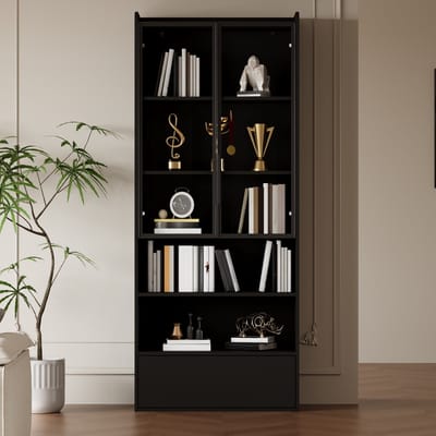 OKWISH Vitrinekast – Met Ledverlichting En Glazen Deuren – 80x34x180 Cm – 1 Lade – Hoogglans Zwart MDF En Glas
