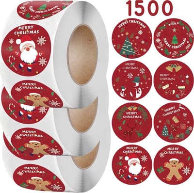 Kerststickers/Zegels - 1500 Merry Christmas stickers op rol - 8 designs - Rood 38MM - Decoratie voor kerstcadeaus, Enveloppen, Kerstpost