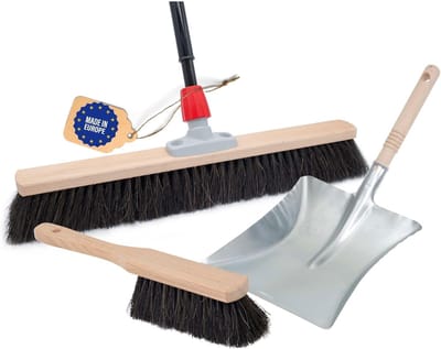 Zaalbezem natuurhaarset 40 cm I Bezemstofblik en handveger telescopische steel I Paardenhaar zwart I met uitschuifbare steel I Zacht I fijn I Grote kamerbezem kamerbezem