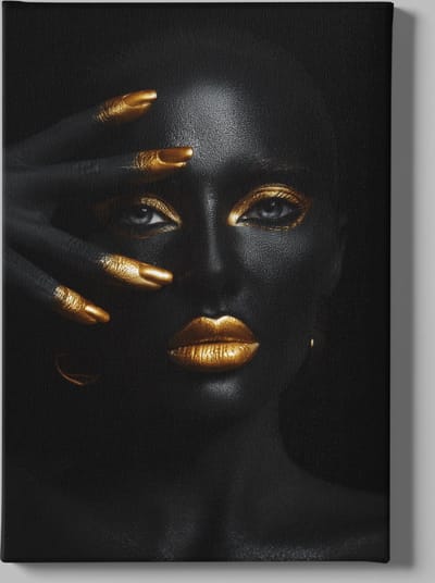 Canvas Schilderij Vrouw - Gouden Make-up - Zwart - Goud - 60x40x2 cm