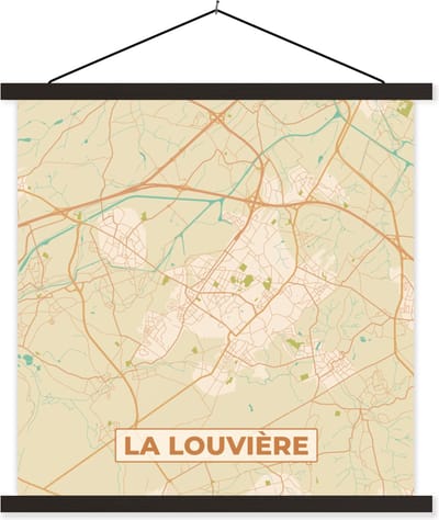 Posterhanger incl. Poster 60x60 cm - Schoolplaat - Vintage - Retro - Kaart - Plattegrond - Stadskaart - La Louvière - Textielposter - Zwarte latten - Stadskaart