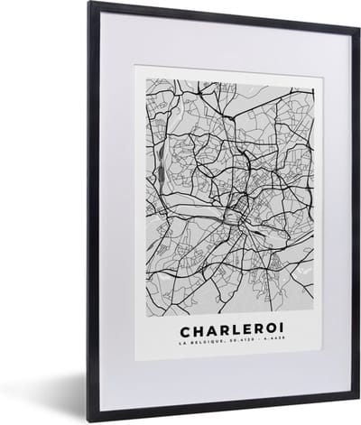 Fotolijst incl. Poster Zwart Wit- Stadskaart – Zwart Wit - Kaart – Charleroi – België – Plattegrond - 30x40 cm - Posterlijst