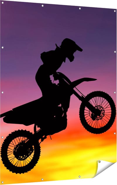 Gards Tuinposter Silhouet van een Motorcross in de Lucht - 120x160 cm - Tuindoek - Tuindecoratie - Wanddecoratie buiten - Tuinschilderij