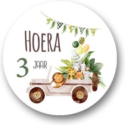 Traktatiestickers Jungle vriendjes 3 Jaar - Cadeausticker - Wensetiket - Rond 40 mm - Sluitsticker - 25 stuks -- Sticker jungle vriendjes 3e Verjaardag - Kinder Traktatie - Kinderdagverblijf Feest - Traktatiestickers Pimp Studio