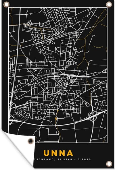 Muurdecoratie Duitsland – Black and Gold – Unna – Stadskaart – Kaart – Plattegrond - 120x180 cm - Tuinposter - Tuindoek