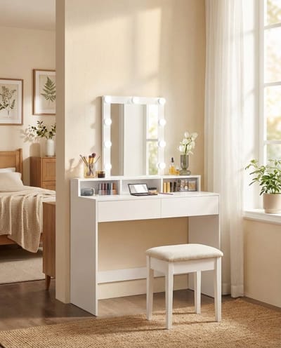 Parya Home - Witte Kaptafel - Make up tafel - Beauty tafel - Rechthoekige spiegel - Gloeilampen - 2 lades en 3 open vakken - Wit