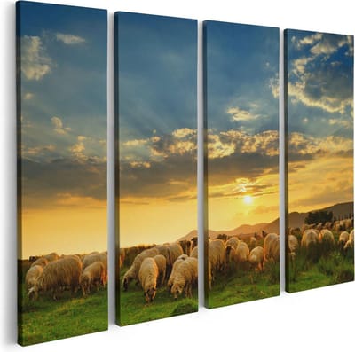 Artaza Canvas Schilderij Vierluik Kudde Schapen op het Gras bij Zonsondergang - 80x60 - Foto Op Canvas - Canvas Print