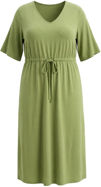 Ulla Popken - Dames - Maxi-jurk A-lijn V-hals korte mouw - Grasgroen - Maat 62+
