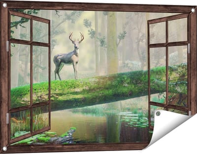 Gards Tuinposter Doorkijk Hert in het Bos op een Boom - 90x60 cm - Tuindoek - Tuindecoratie - Wanddecoratie buiten - Tuinschilderij