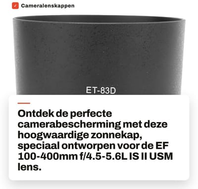 Dailygoods- Lenskap Zonnekap ABS - Lensbeschermer - Voor EF 100-400mm F/4.5-5.6L IS II USM - Voorkomt reflectie - Lichtgewicht 78 g - Mat interieur