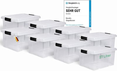 Novaliv 8x opbergdozen met deksel 27L transparant nestbaar stapelbaar opbergdozen met clipsluiting kunststof doos BPA-vrij 46,5x36,5x24 cm